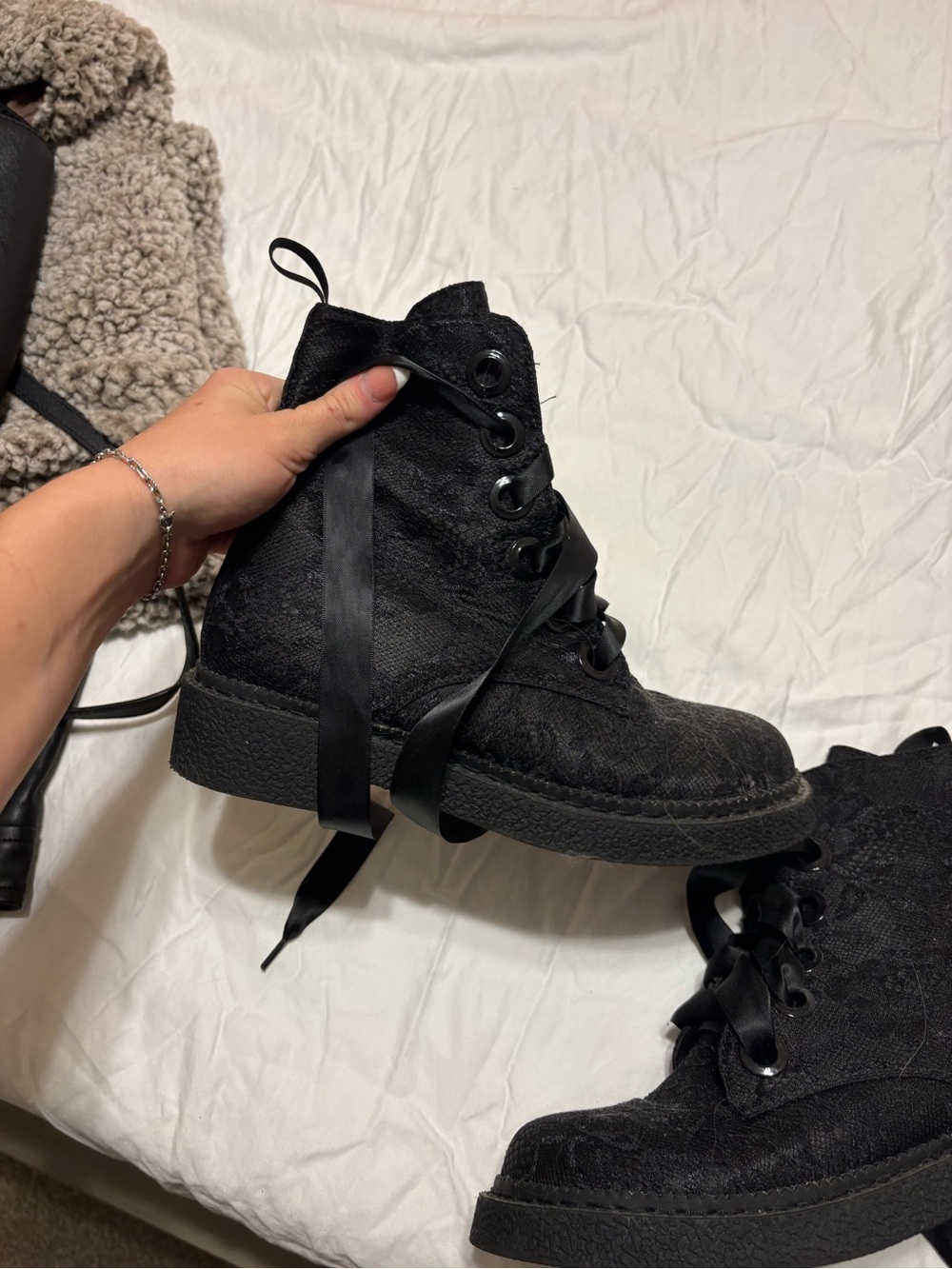 Dolls Kill Black Lace-Up Combat Boots with Satin Ribbon